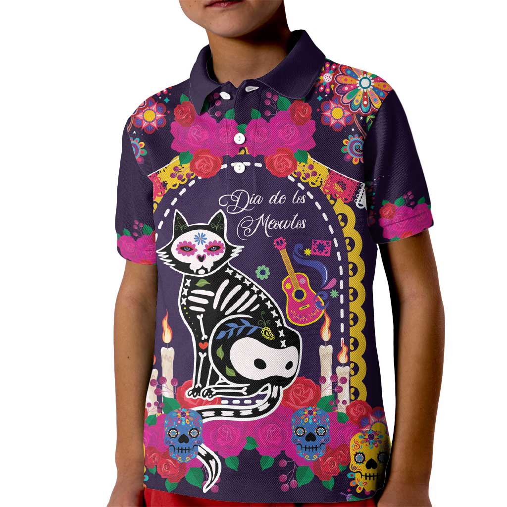 Mexico Day Of The Dead Kid Polo Shirt Cat Skeleton Dia De Los Meowtos - Wonder Print Shop
