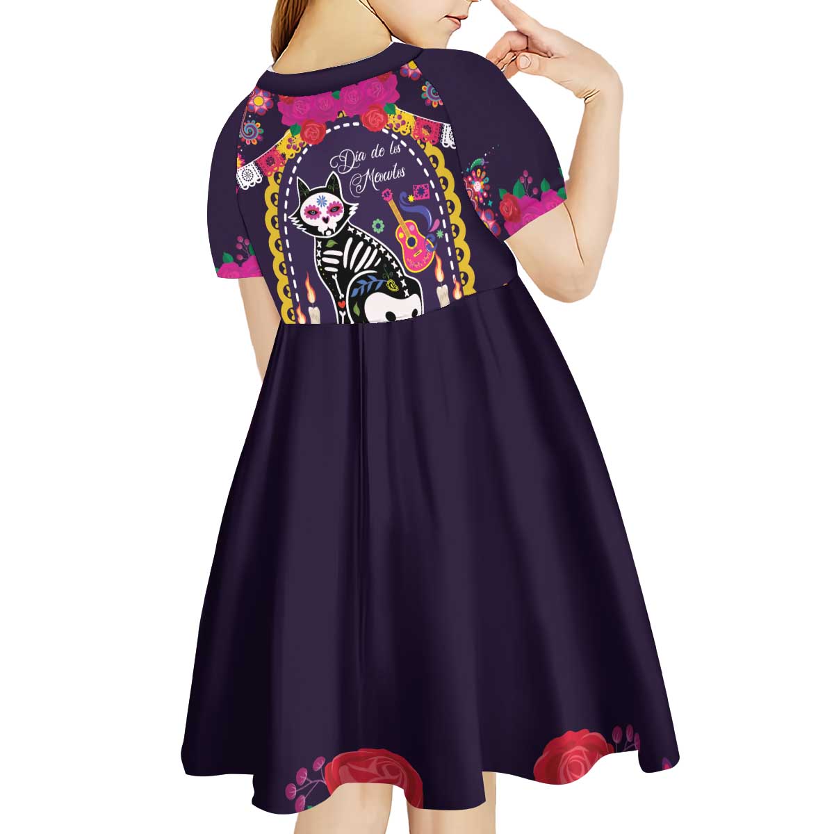Mexico Day Of The Dead Kid Short Sleeve Dress Cat Skeleton Dia De Los Meowtos - Wonder Print Shop