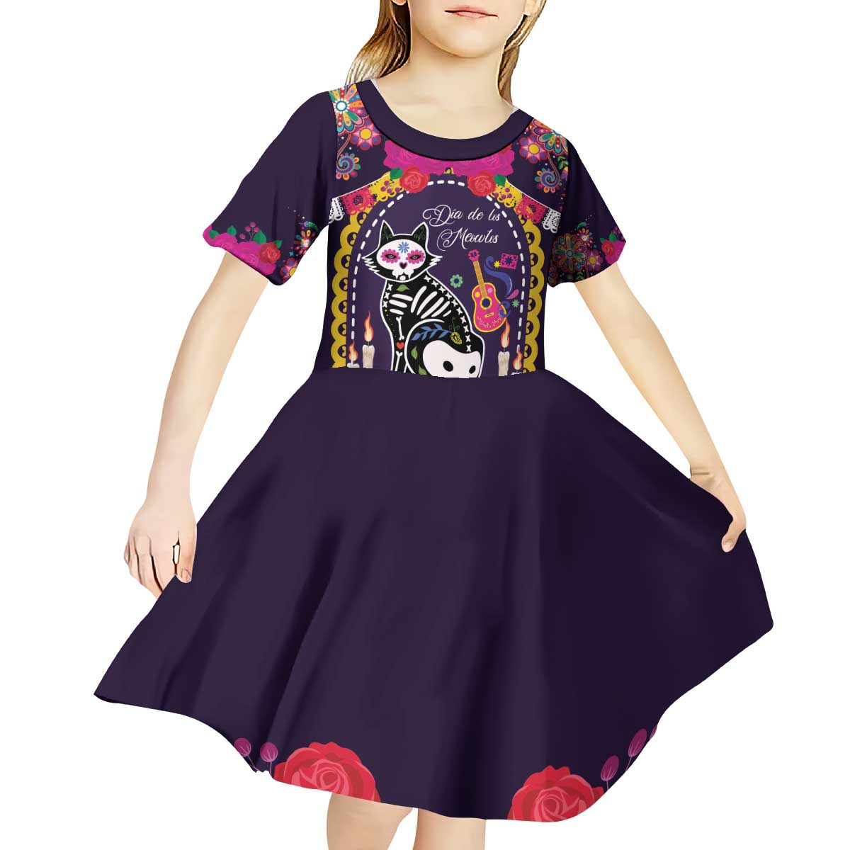 Mexico Day Of The Dead Kid Short Sleeve Dress Cat Skeleton Dia De Los Meowtos - Wonder Print Shop