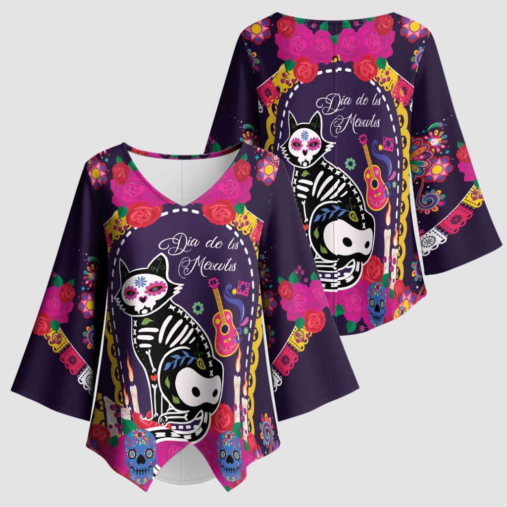 Mexico Day Of The Dead Kimono Sleeve Blouse Cat Skeleton Dia De Los Meowtos - Wonder Print Shop