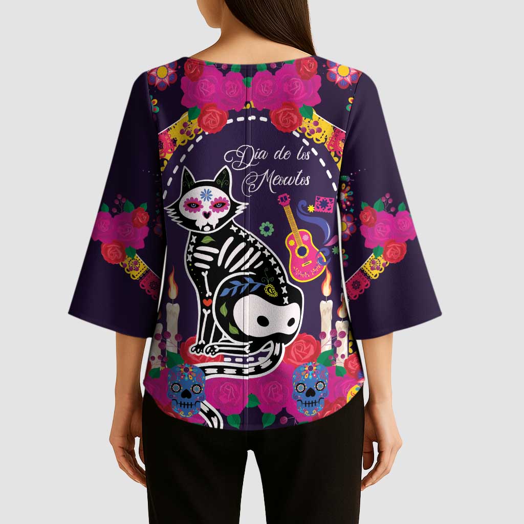 Mexico Day Of The Dead Kimono Sleeve Blouse Cat Skeleton Dia De Los Meowtos - Wonder Print Shop