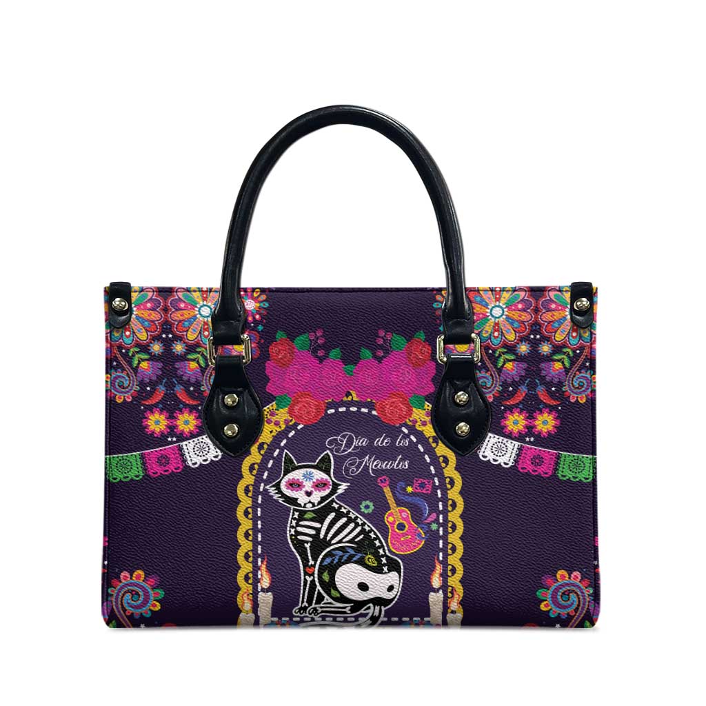 Mexico Day Of The Dead Leather Bag Cat Skeleton Dia De Los Meowtos - Wonder Print Shop