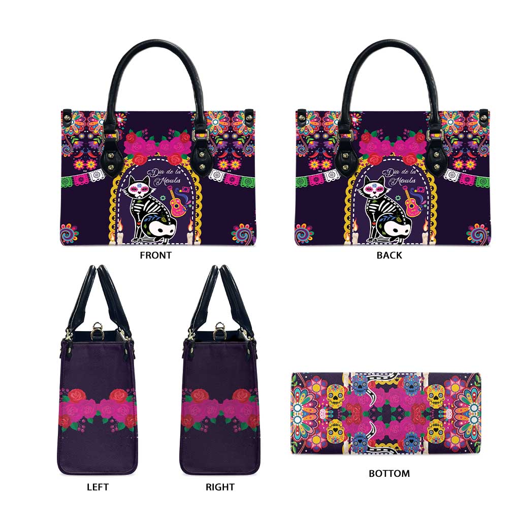 Mexico Day Of The Dead Leather Bag Cat Skeleton Dia De Los Meowtos - Wonder Print Shop
