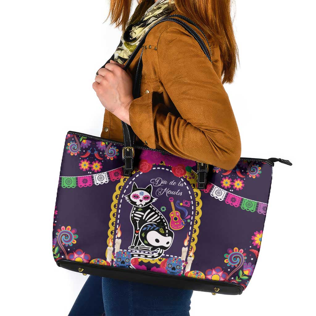 Mexico Day Of The Dead Leather Tote Bag Cat Skeleton Dia De Los Meowtos - Wonder Print Shop