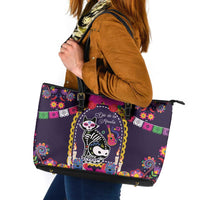 Mexico Day Of The Dead Leather Tote Bag Cat Skeleton Dia De Los Meowtos - Wonder Print Shop