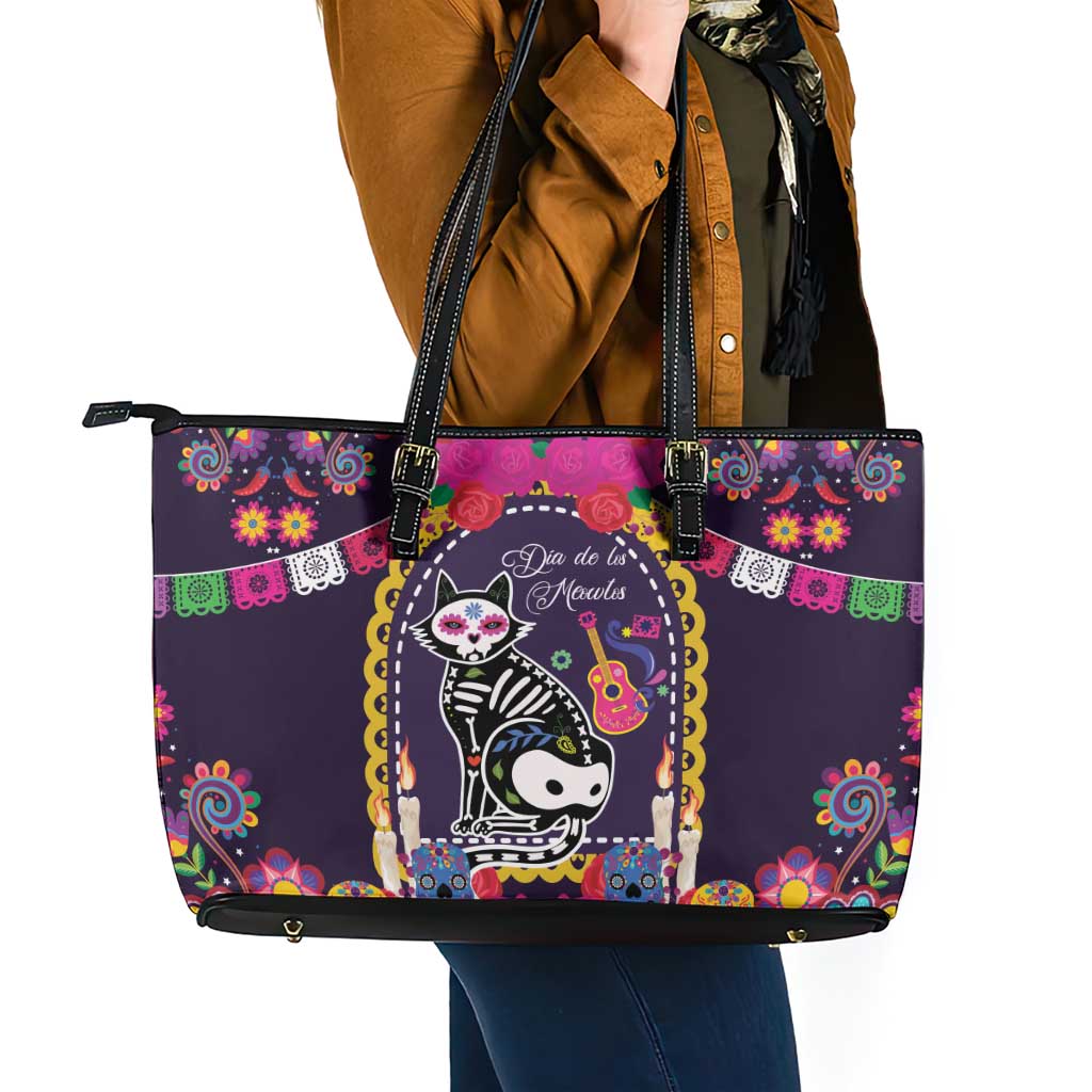 Mexico Day Of The Dead Leather Tote Bag Cat Skeleton Dia De Los Meowtos - Wonder Print Shop