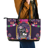 Mexico Day Of The Dead Leather Tote Bag Cat Skeleton Dia De Los Meowtos - Wonder Print Shop
