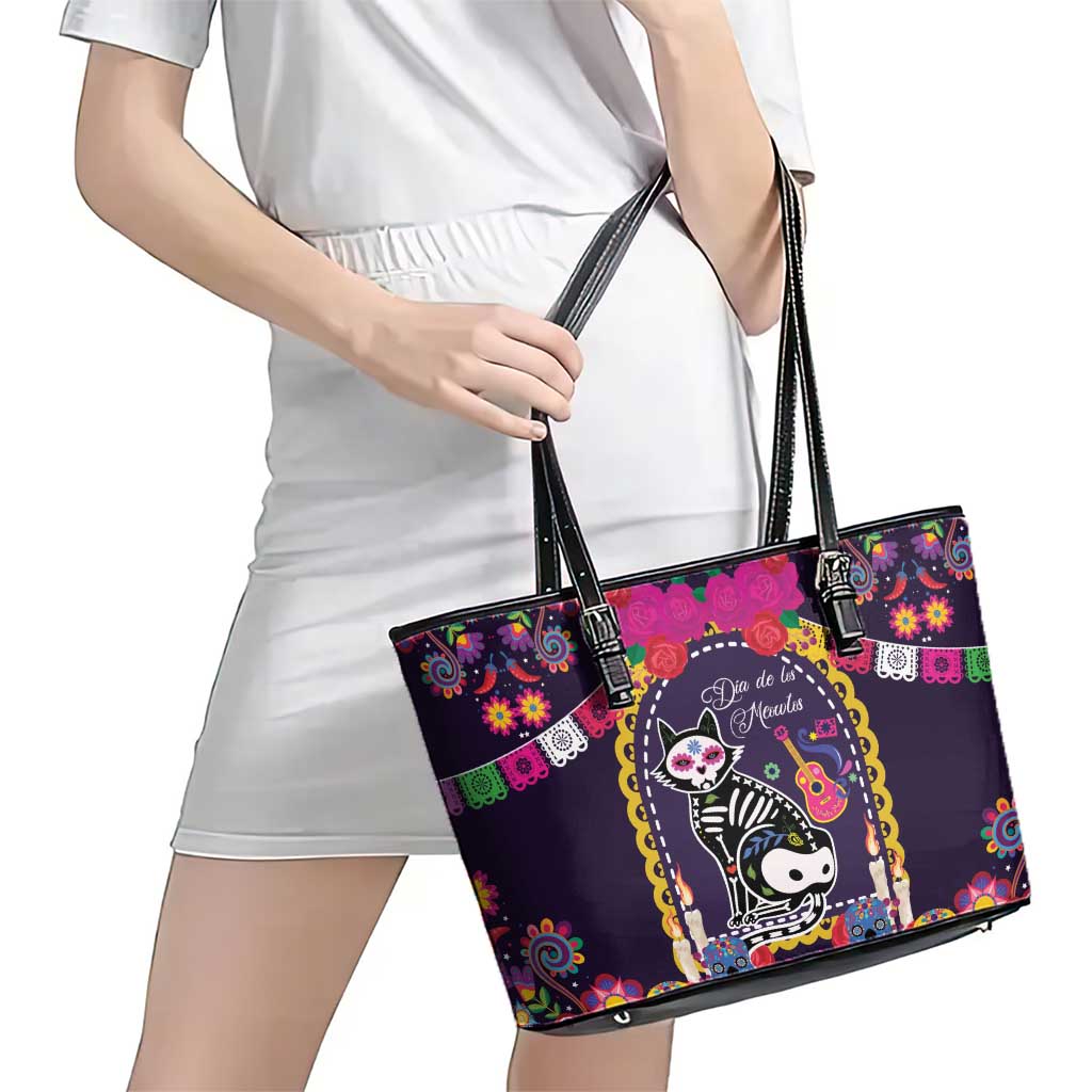 Mexico Day Of The Dead Leather Tote Bag Cat Skeleton Dia De Los Meowtos - Wonder Print Shop