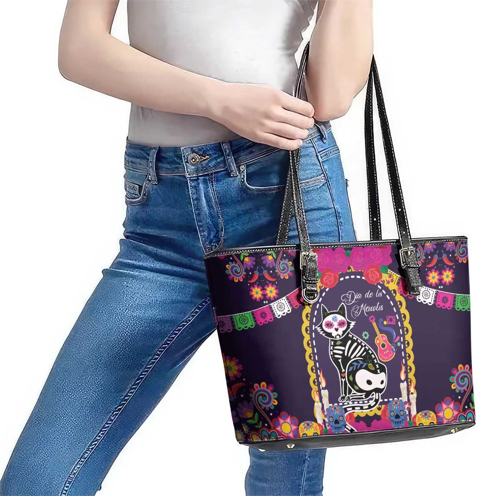 Mexico Day Of The Dead Leather Tote Bag Cat Skeleton Dia De Los Meowtos - Wonder Print Shop