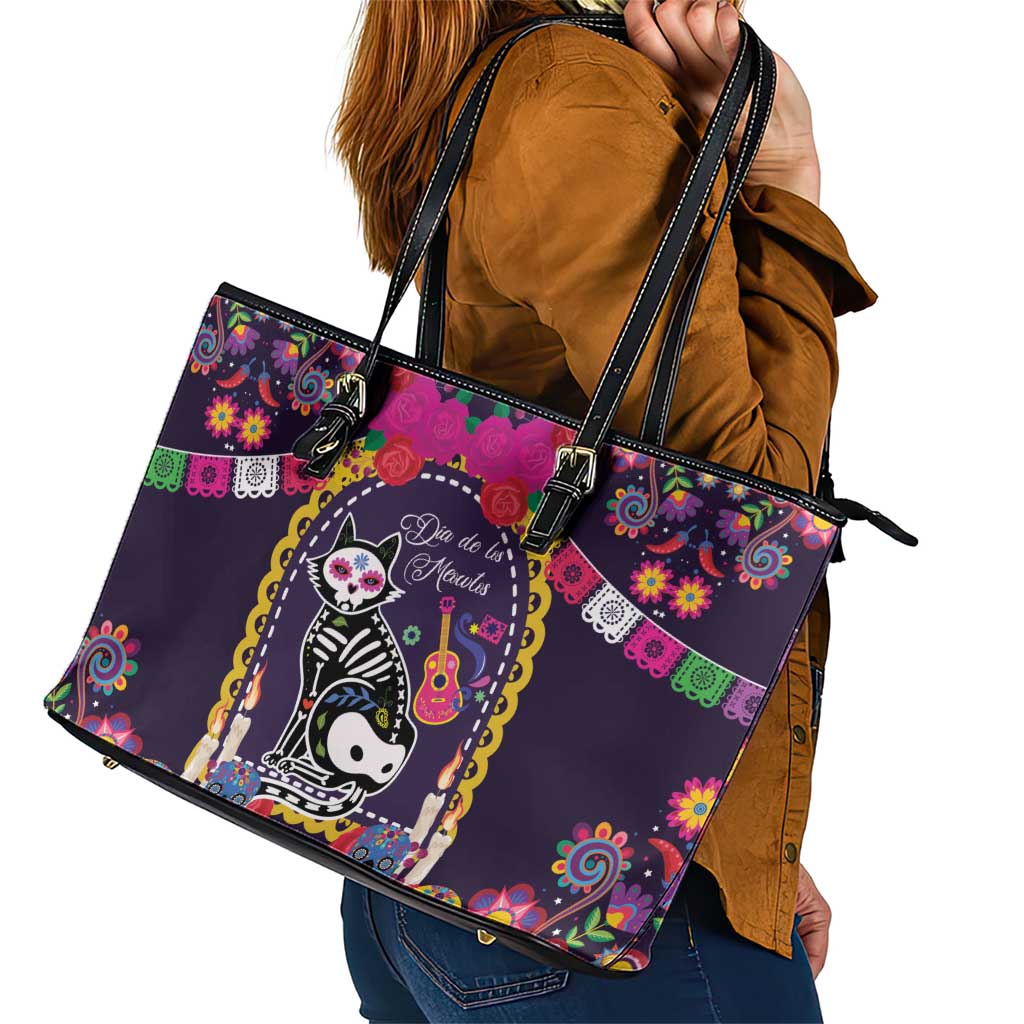 Mexico Day Of The Dead Leather Tote Bag Cat Skeleton Dia De Los Meowtos - Wonder Print Shop