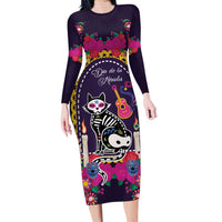 Mexico Day Of The Dead Long Sleeve Bodycon Dress Cat Skeleton Dia De Los Meowtos - Wonder Print Shop