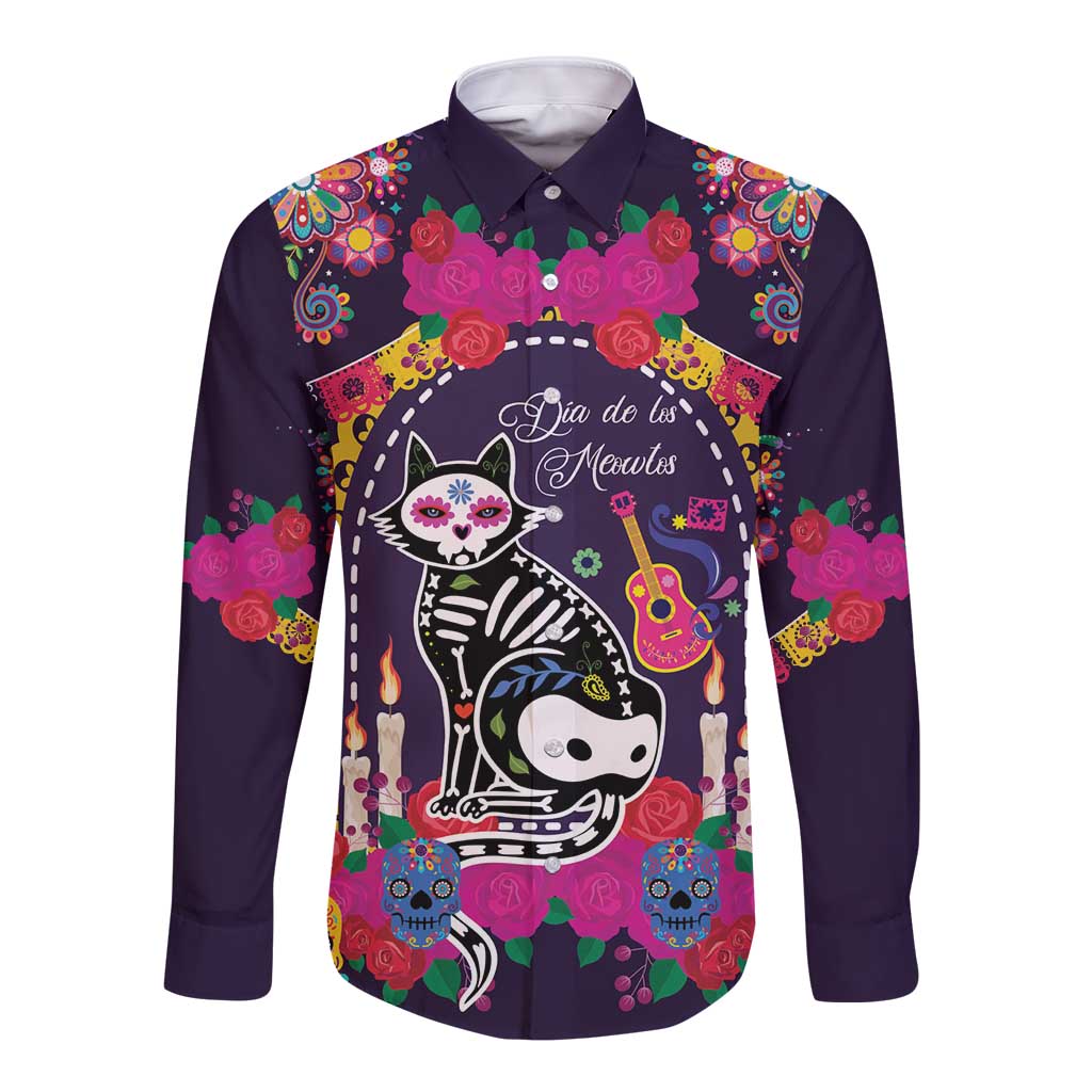 Mexico Day Of The Dead Long Sleeve Button Shirt Cat Skeleton Dia De Los Meowtos - Wonder Print Shop