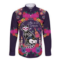 Mexico Day Of The Dead Long Sleeve Button Shirt Cat Skeleton Dia De Los Meowtos - Wonder Print Shop