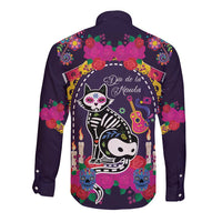 Mexico Day Of The Dead Long Sleeve Button Shirt Cat Skeleton Dia De Los Meowtos - Wonder Print Shop