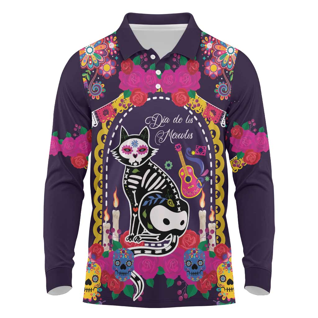 Mexico Day Of The Dead Long Sleeve Polo Shirt Cat Skeleton Dia De Los Meowtos - Wonder Print Shop