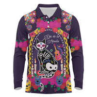 Mexico Day Of The Dead Long Sleeve Polo Shirt Cat Skeleton Dia De Los Meowtos - Wonder Print Shop