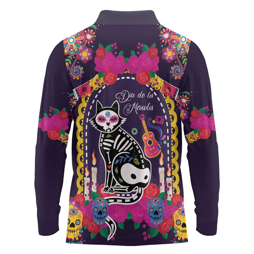 Mexico Day Of The Dead Long Sleeve Polo Shirt Cat Skeleton Dia De Los Meowtos - Wonder Print Shop