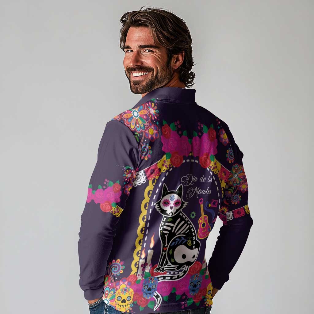 Mexico Day Of The Dead Long Sleeve Polo Shirt Cat Skeleton Dia De Los Meowtos - Wonder Print Shop