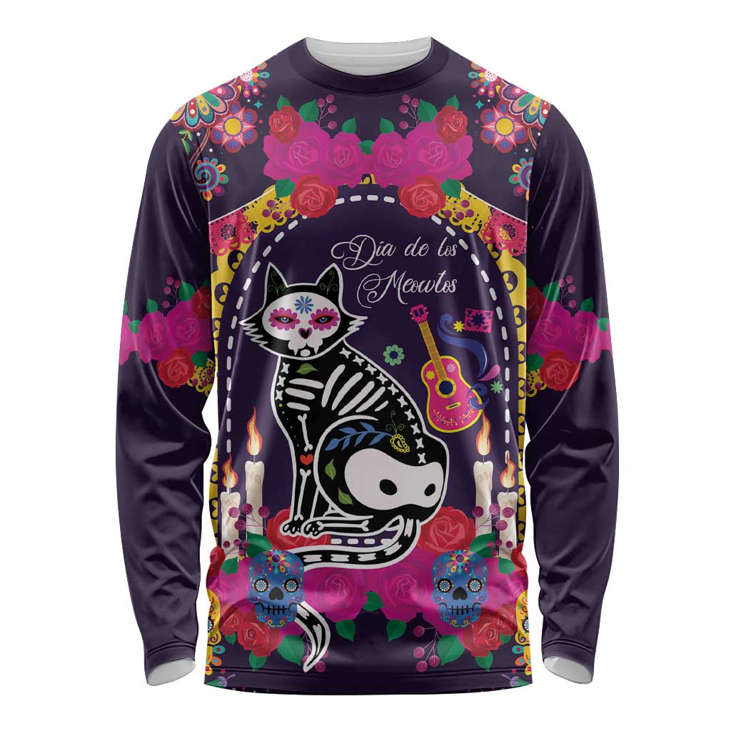 Mexico Day Of The Dead Long Sleeve Shirt Cat Skeleton Dia De Los Meowtos - Wonder Print Shop