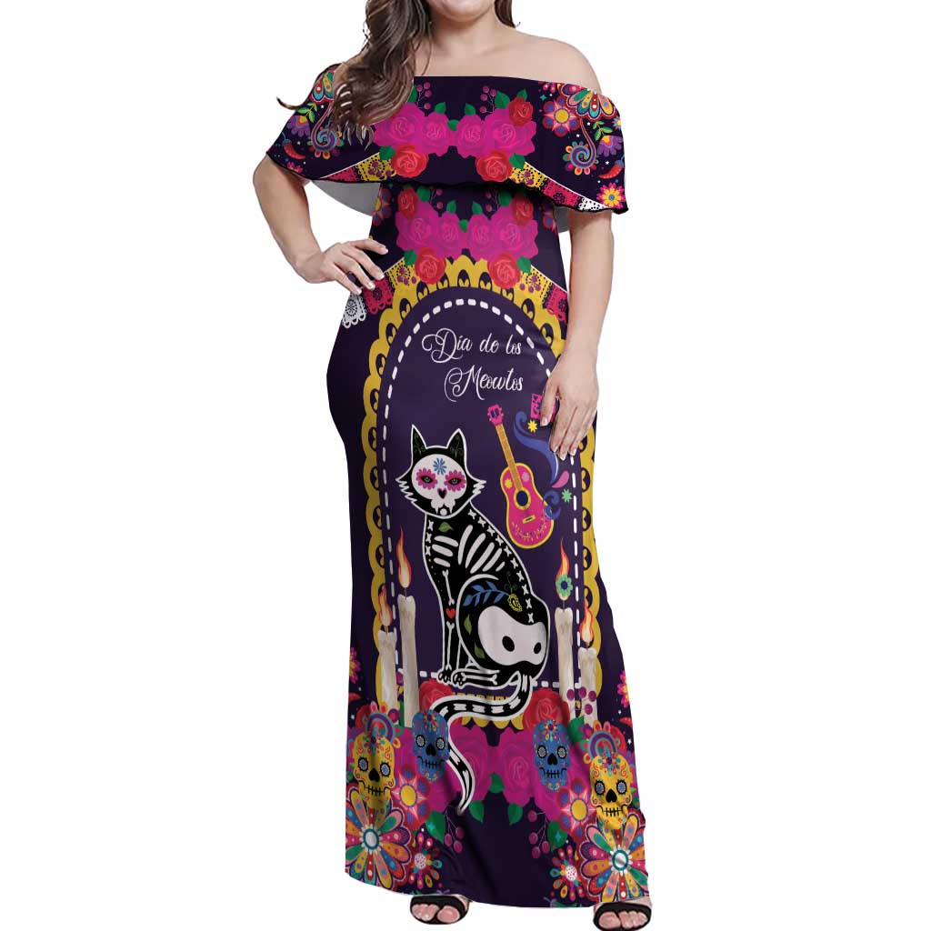 Mexico Day Of The Dead Off Shoulder Maxi Dress Cat Skeleton Dia De Los Meowtos - Wonder Print Shop