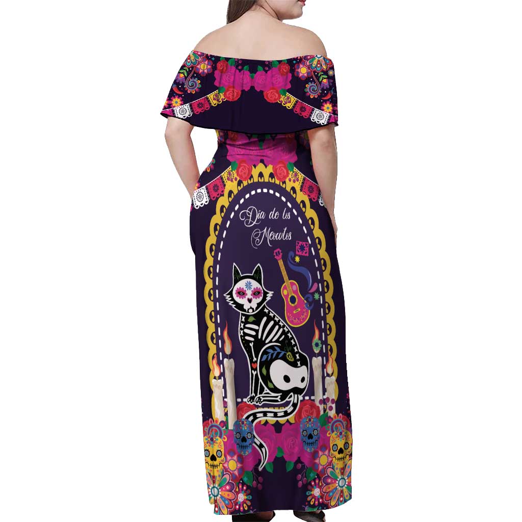 Mexico Day Of The Dead Off Shoulder Maxi Dress Cat Skeleton Dia De Los Meowtos - Wonder Print Shop