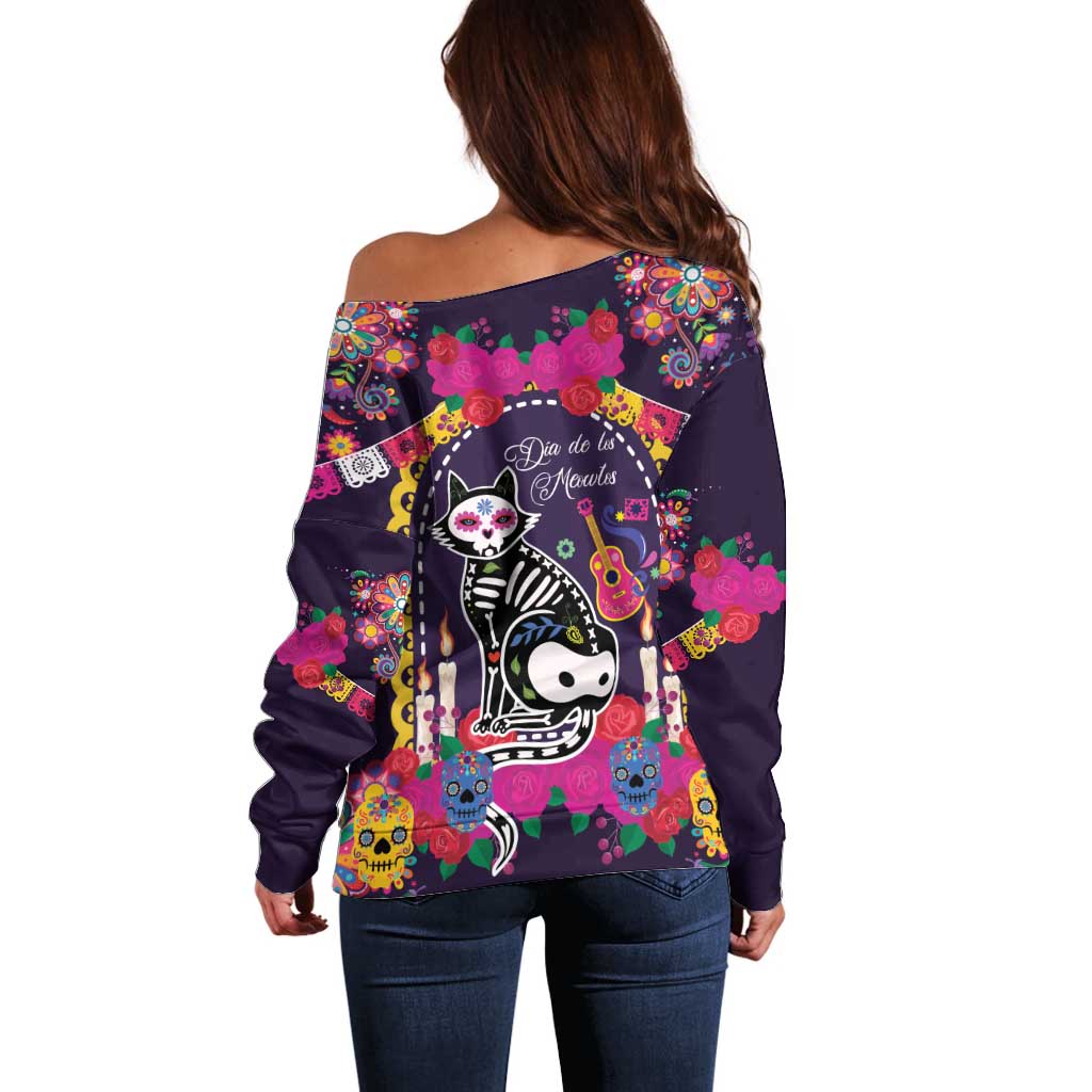 Mexico Day Of The Dead Off Shoulder Sweater Cat Skeleton Dia De Los Meowtos - Wonder Print Shop