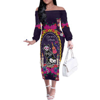 Mexico Day Of The Dead Off The Shoulder Long Sleeve Dress Cat Skeleton Dia De Los Meowtos - Wonder Print Shop