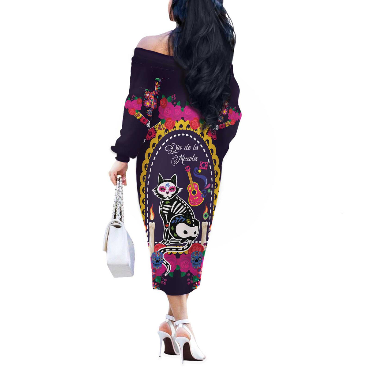 Mexico Day Of The Dead Off The Shoulder Long Sleeve Dress Cat Skeleton Dia De Los Meowtos - Wonder Print Shop