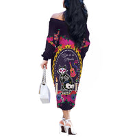 Mexico Day Of The Dead Off The Shoulder Long Sleeve Dress Cat Skeleton Dia De Los Meowtos - Wonder Print Shop