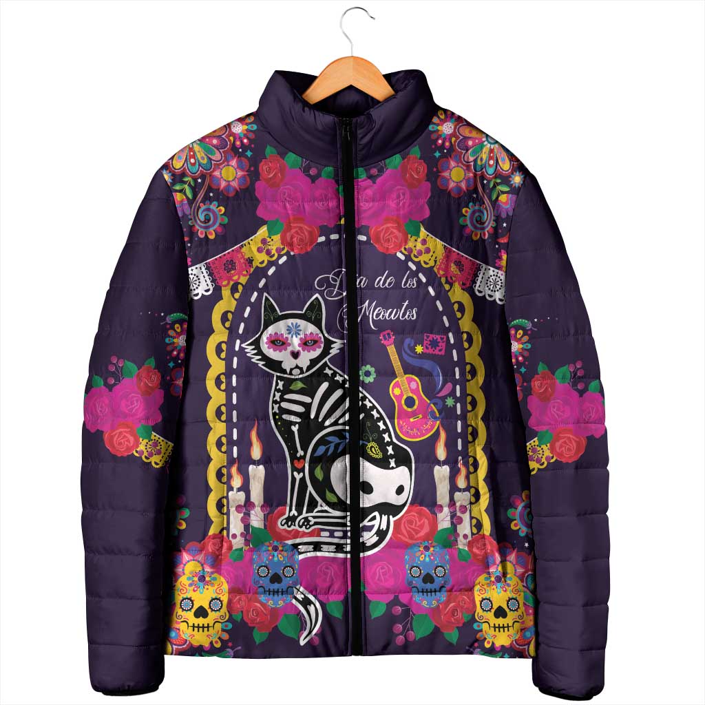 Mexico Day Of The Dead Padded Jacket Cat Skeleton Dia De Los Meowtos - Wonder Print Shop
