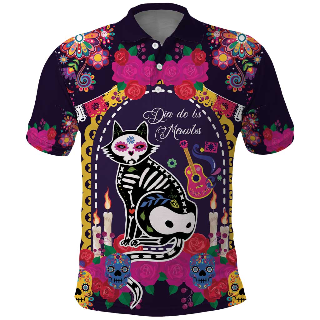 Mexico Day Of The Dead Polo Shirt Cat Skeleton Dia De Los Meowtos - Wonder Print Shop