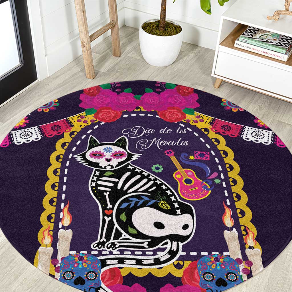 Mexico Day Of The Dead Round Carpet Cat Skeleton Dia De Los Meowtos - Wonder Print Shop