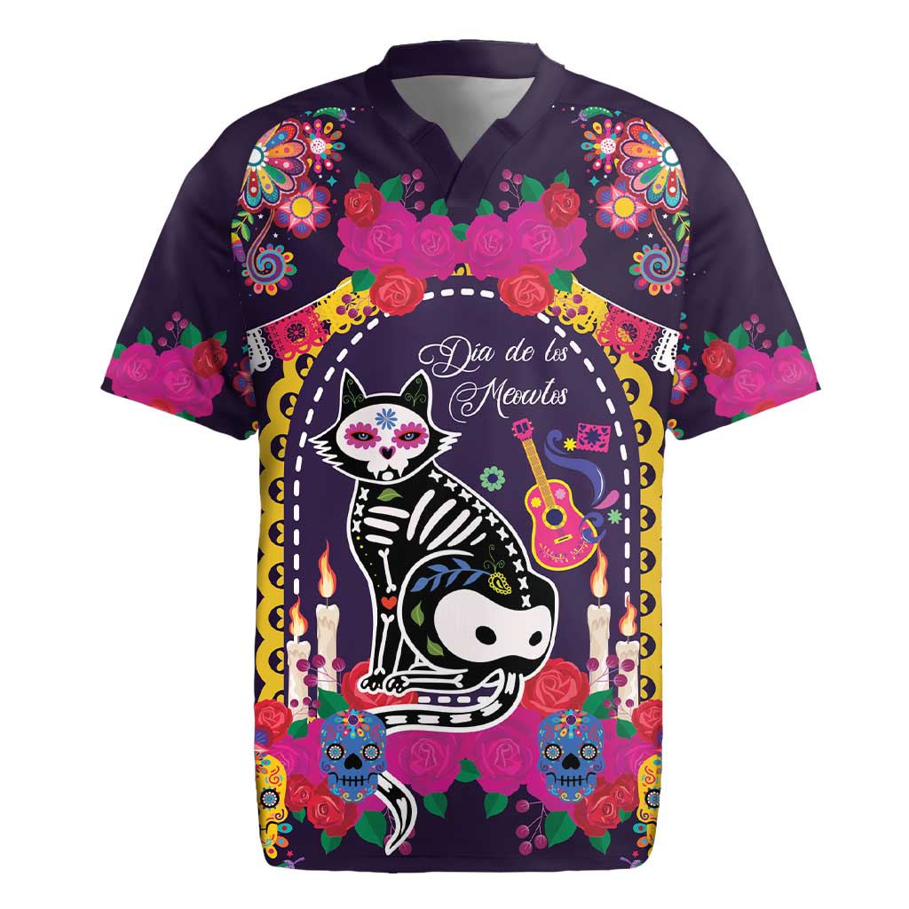 Mexico Day Of The Dead Rugby Jersey Cat Skeleton Dia De Los Meowtos - Wonder Print Shop
