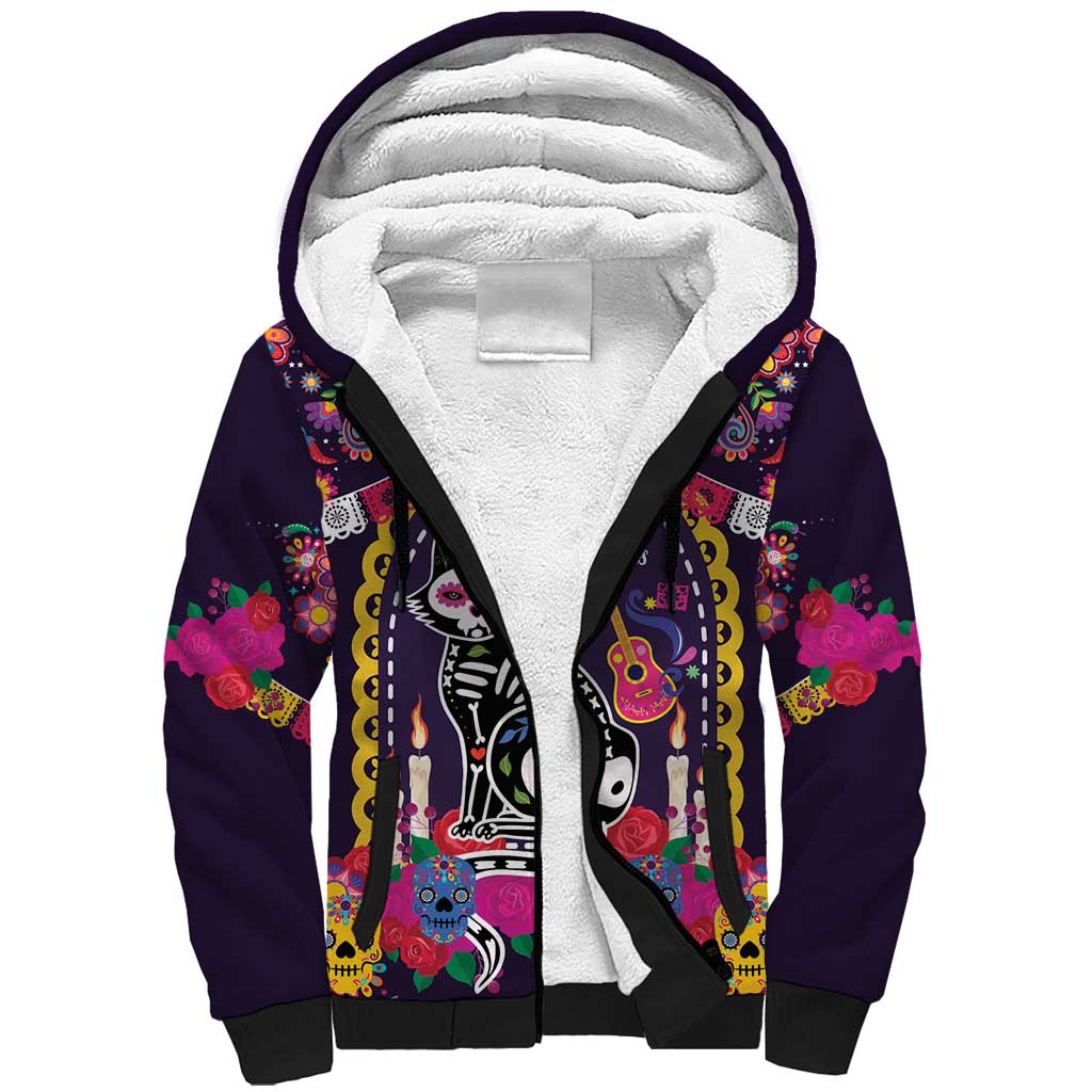 Mexico Day Of The Dead Sherpa Hoodie Cat Skeleton Dia De Los Meowtos - Wonder Print Shop