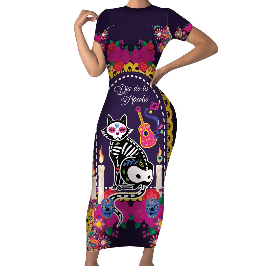 Mexico Day Of The Dead Short Sleeve Bodycon Dress Cat Skeleton Dia De Los Meowtos - Wonder Print Shop