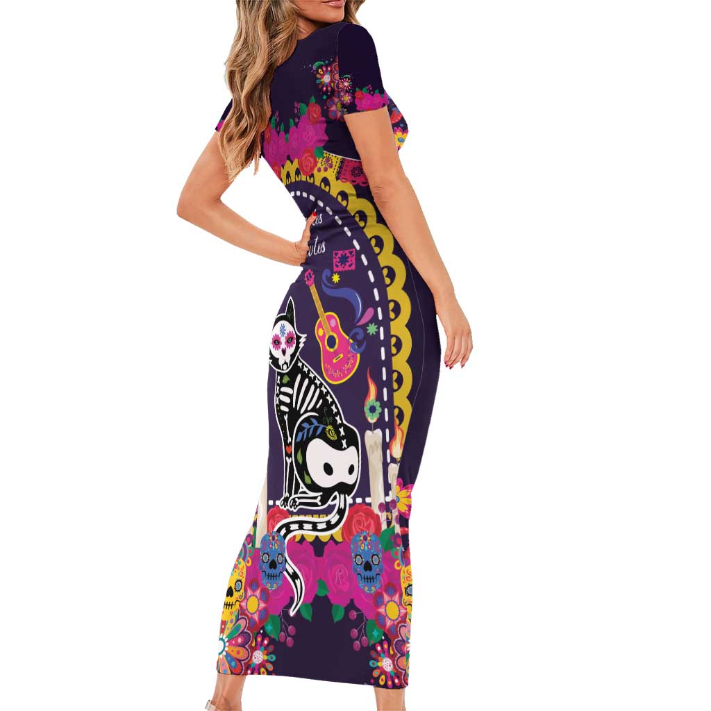 Mexico Day Of The Dead Short Sleeve Bodycon Dress Cat Skeleton Dia De Los Meowtos - Wonder Print Shop