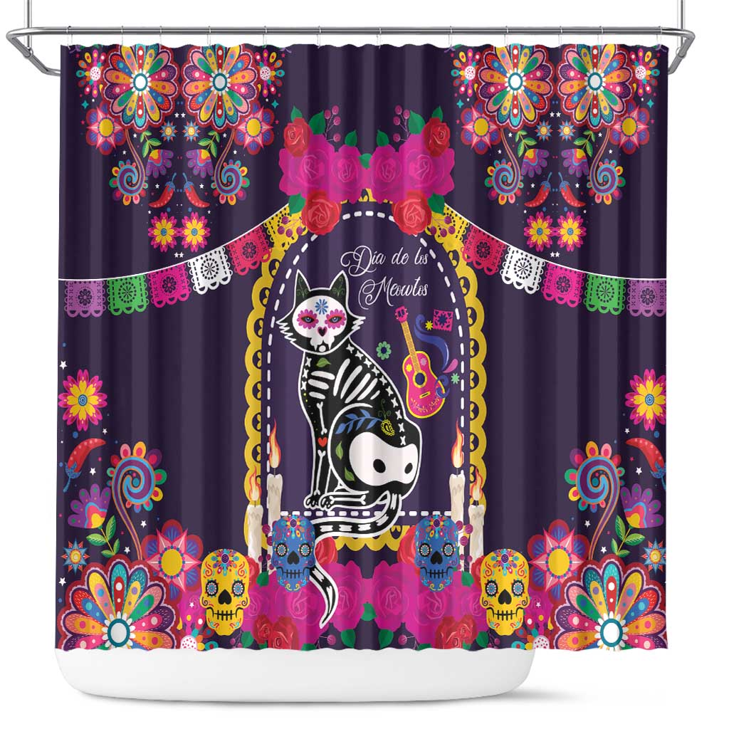 Mexico Day Of The Dead Shower Curtain Cat Skeleton Dia De Los Meowtos - Wonder Print Shop