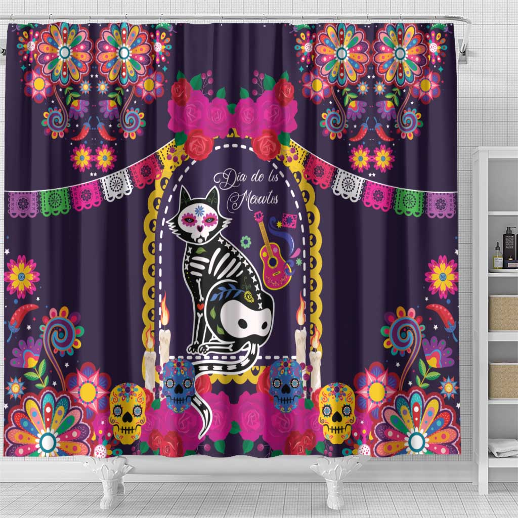 Mexico Day Of The Dead Shower Curtain Cat Skeleton Dia De Los Meowtos - Wonder Print Shop