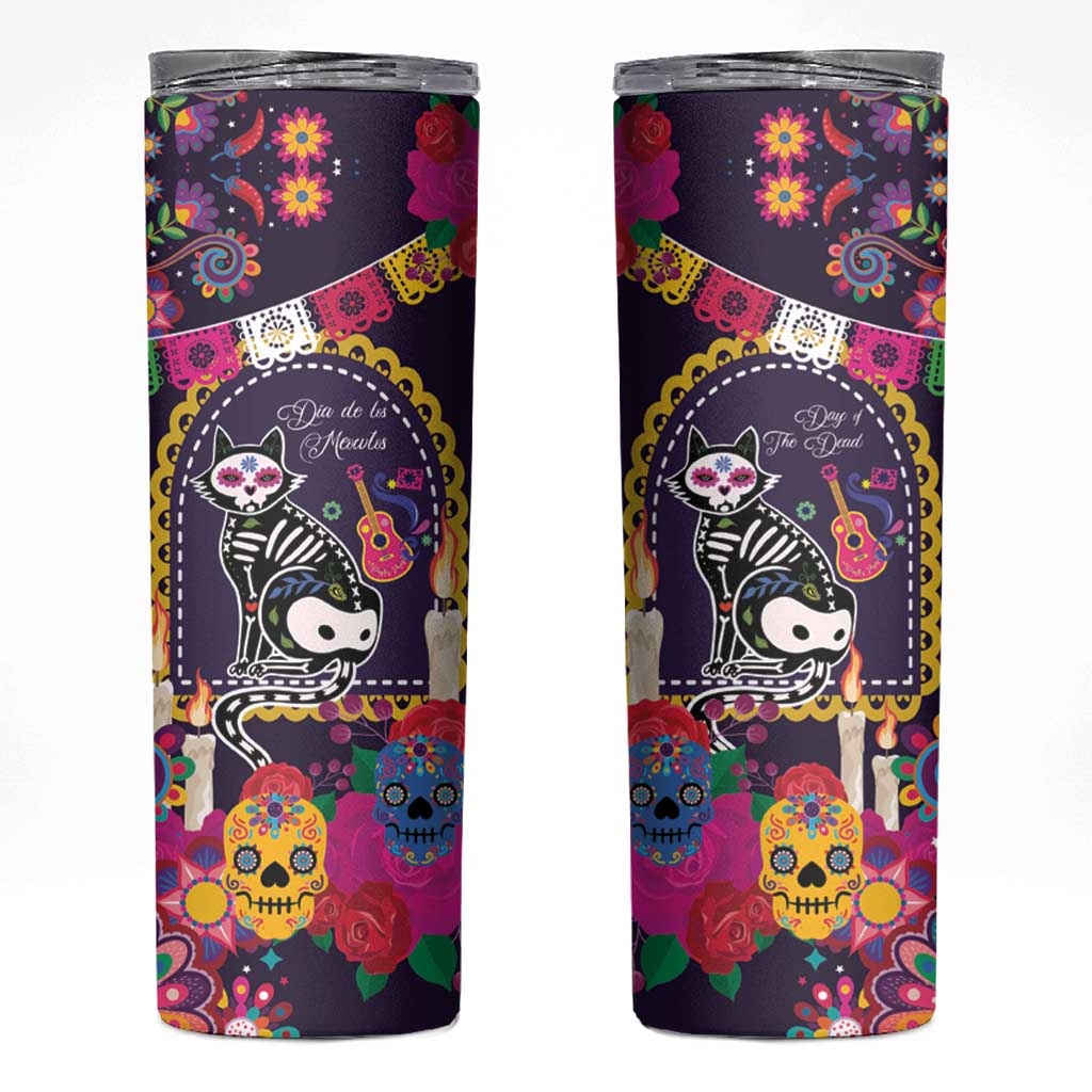 Mexico Day Of The Dead Skinny Tumbler Cat Skeleton Dia De Los Meowtos - Wonder Print Shop