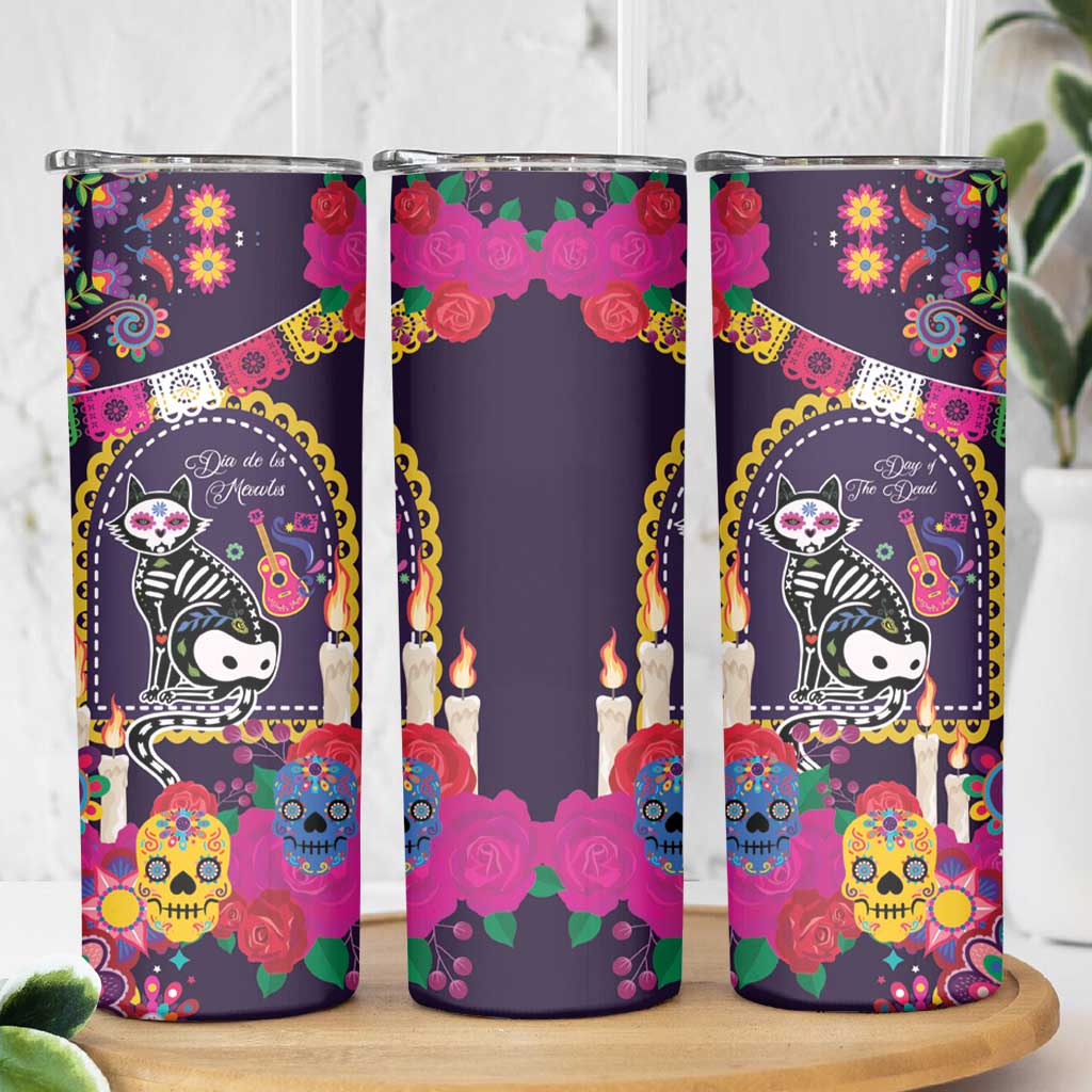 Mexico Day Of The Dead Skinny Tumbler Cat Skeleton Dia De Los Meowtos - Wonder Print Shop