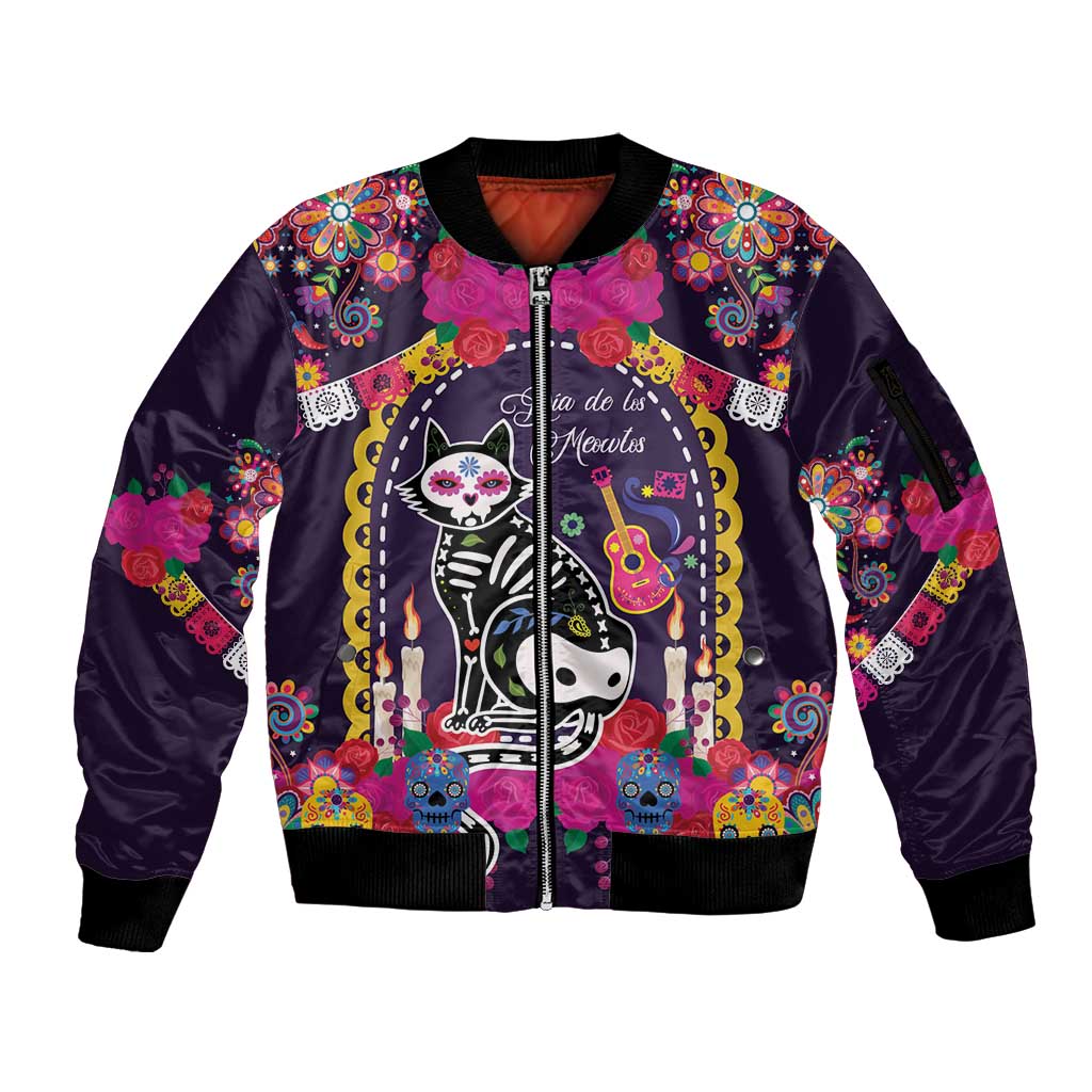 Mexico Day Of The Dead Sleeve Zip Bomber Jacket Cat Skeleton Dia De Los Meowtos - Wonder Print Shop