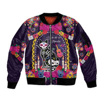 Mexico Day Of The Dead Sleeve Zip Bomber Jacket Cat Skeleton Dia De Los Meowtos - Wonder Print Shop