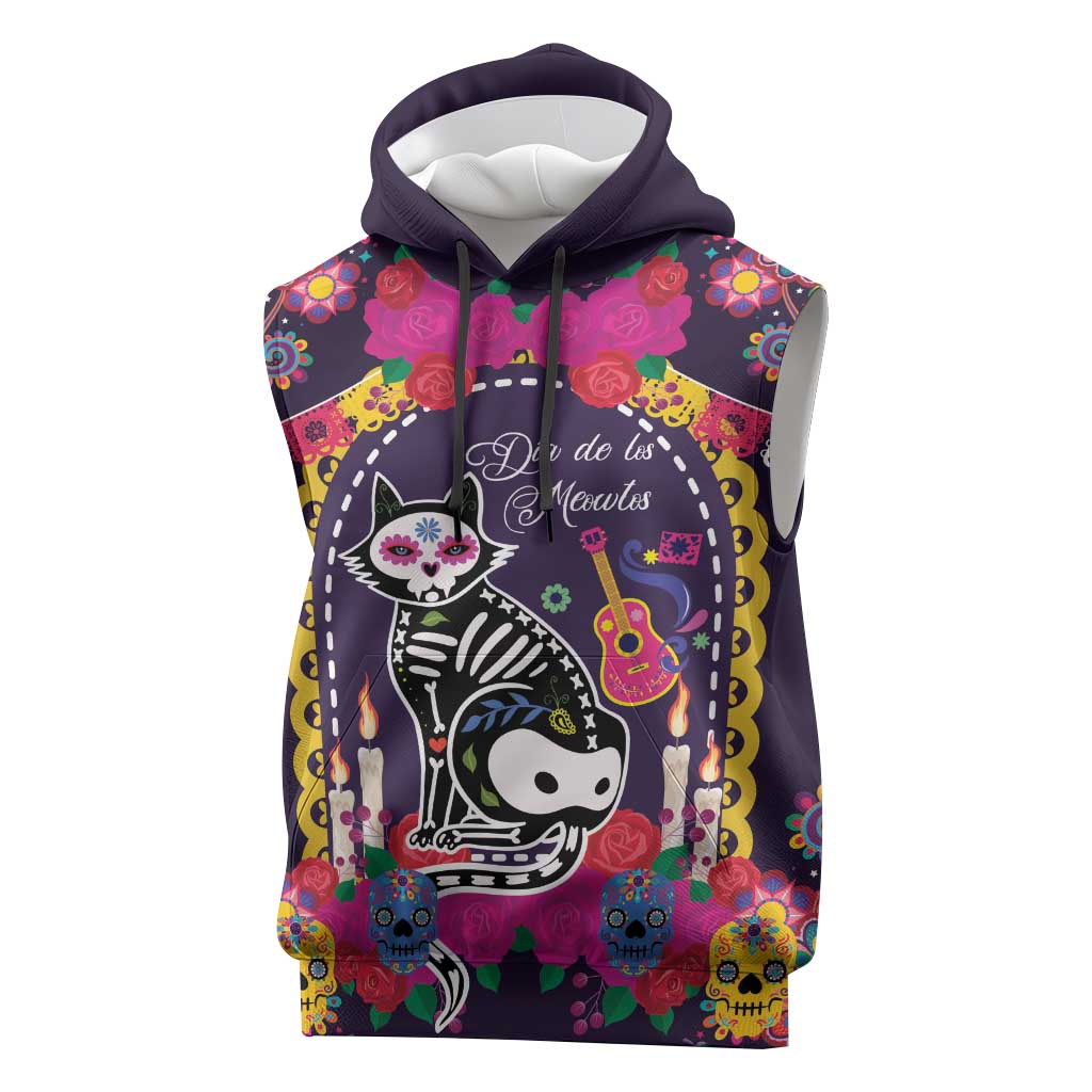 Mexico Day Of The Dead Sleeveless Hoodie Cat Skeleton Dia De Los Meowtos - Wonder Print Shop
