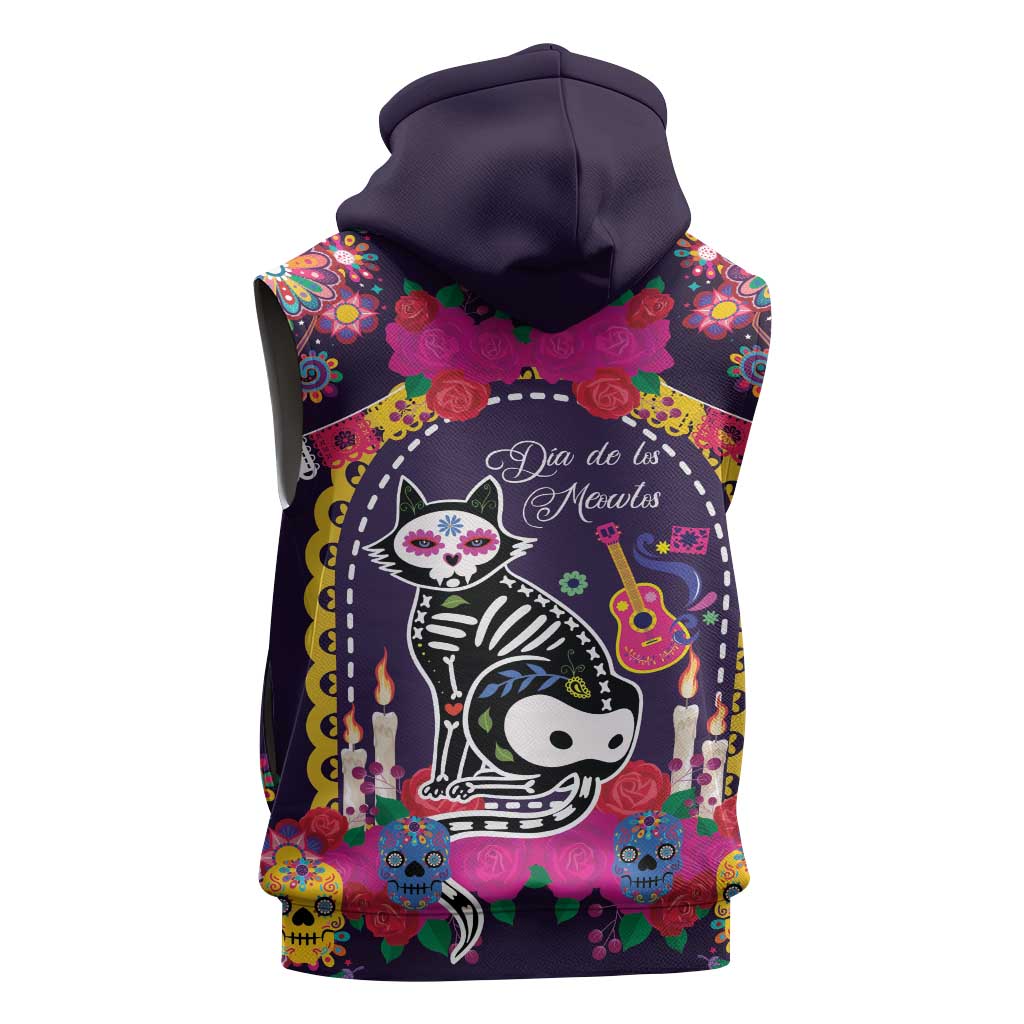Mexico Day Of The Dead Sleeveless Hoodie Cat Skeleton Dia De Los Meowtos - Wonder Print Shop
