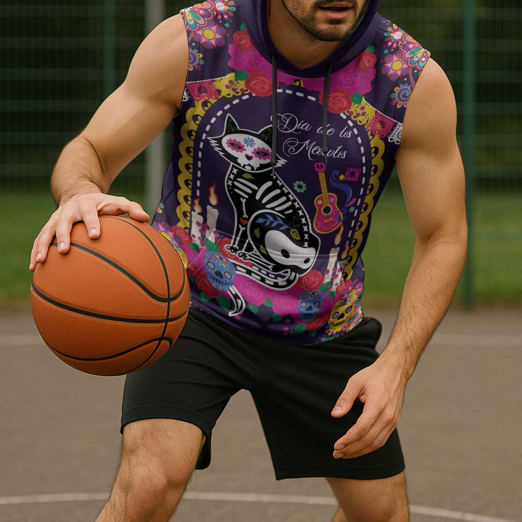 Mexico Day Of The Dead Sleeveless Hoodie Cat Skeleton Dia De Los Meowtos - Wonder Print Shop