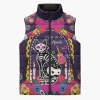 Mexico Day Of The Dead Sleeveless Puffer Jacket Cat Skeleton Dia De Los Meowtos - Wonder Print Shop
