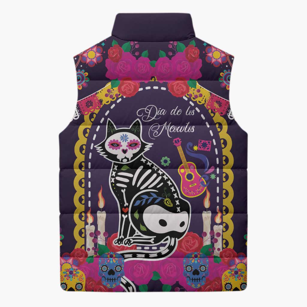Mexico Day Of The Dead Sleeveless Puffer Jacket Cat Skeleton Dia De Los Meowtos - Wonder Print Shop