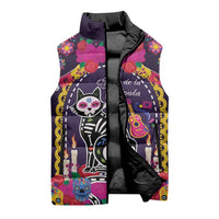 Mexico Day Of The Dead Sleeveless Puffer Jacket Cat Skeleton Dia De Los Meowtos - Wonder Print Shop