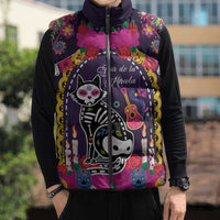 Mexico Day Of The Dead Sleeveless Puffer Jacket Cat Skeleton Dia De Los Meowtos - Wonder Print Shop