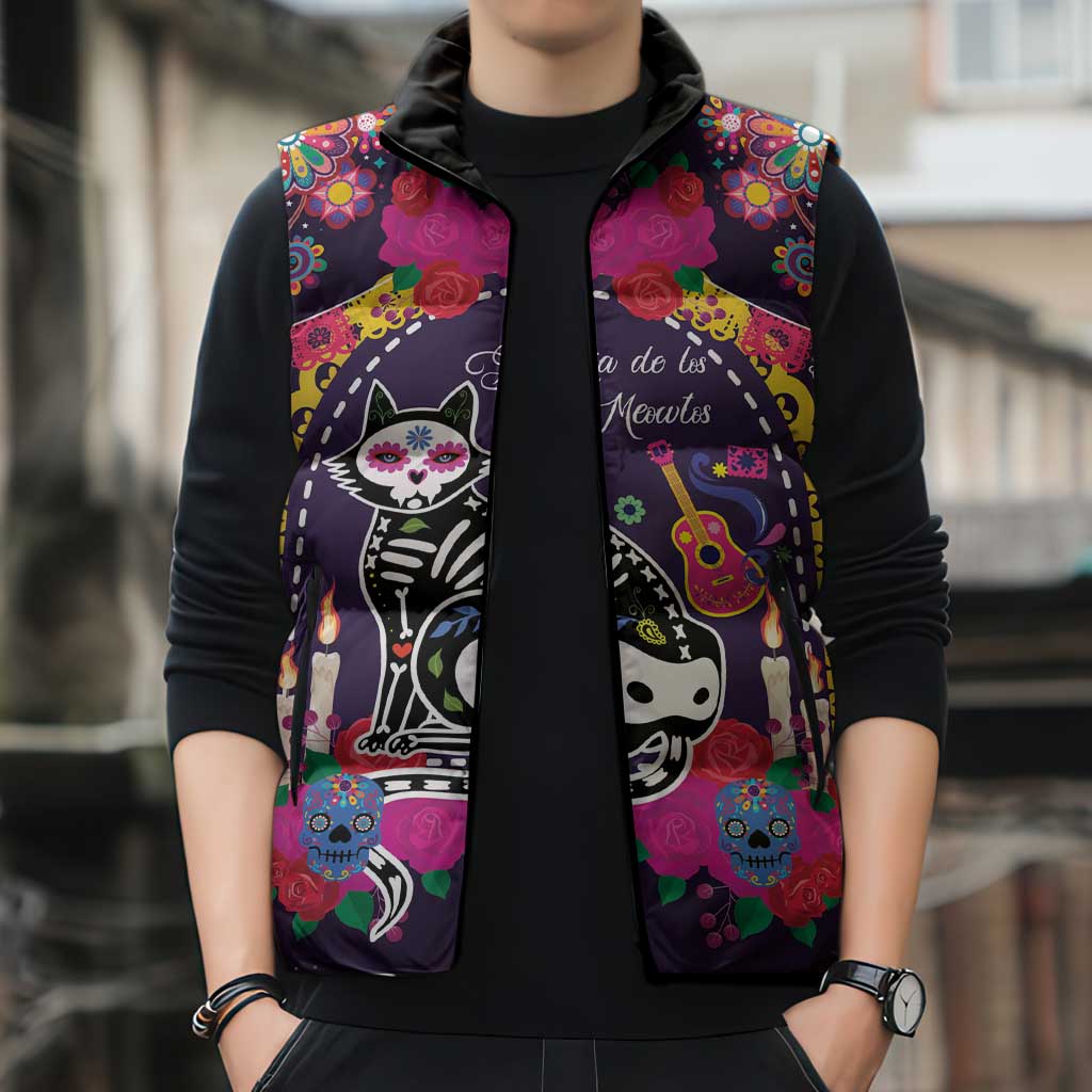 Mexico Day Of The Dead Sleeveless Puffer Jacket Cat Skeleton Dia De Los Meowtos - Wonder Print Shop
